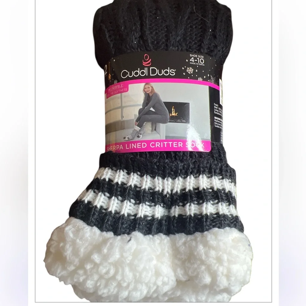 Cuddl Duds Sherpa Lined Critter Socks Women’s 4-10 Black White Knit Cozy Warm‎